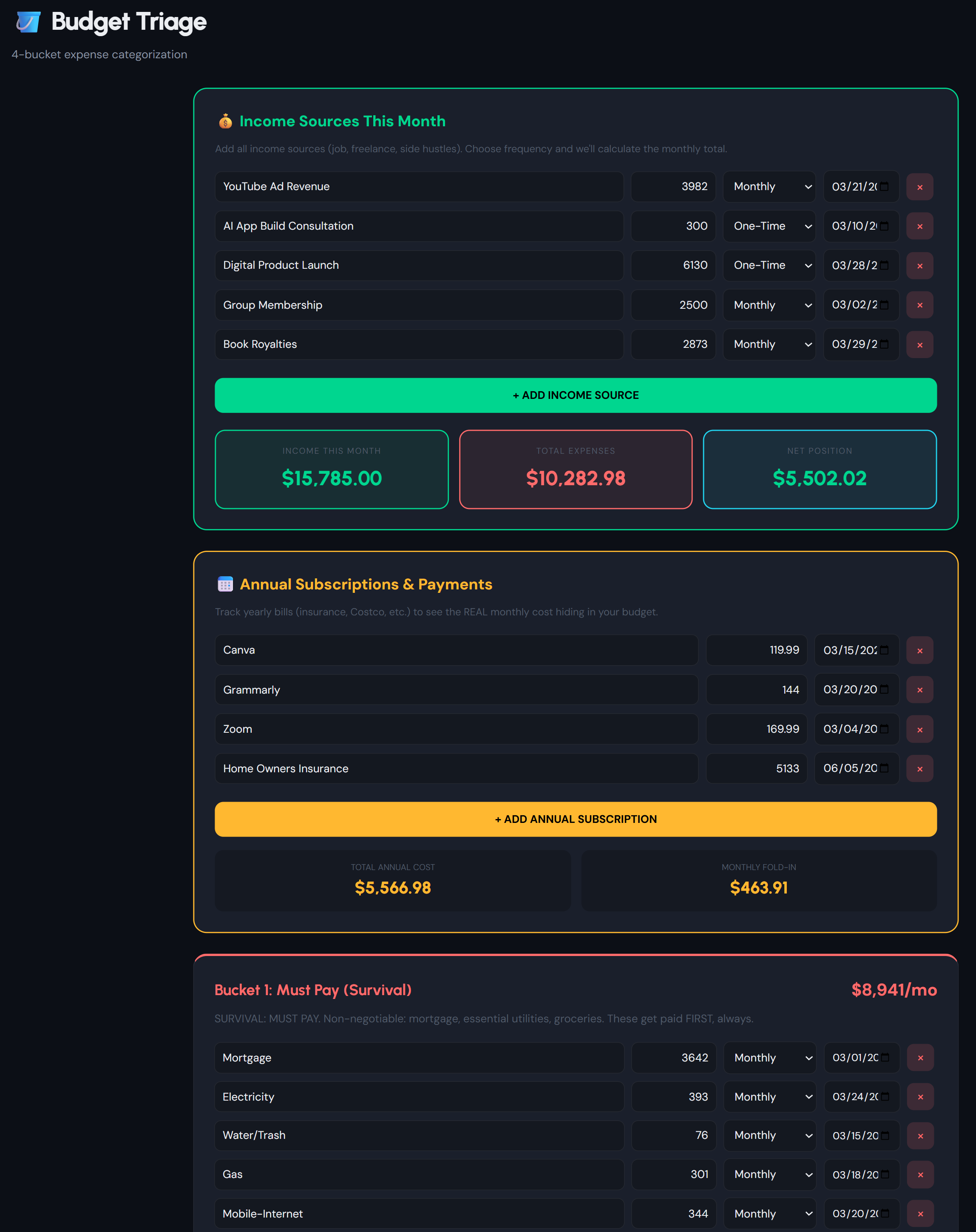 Budget Triage tool in dark mode