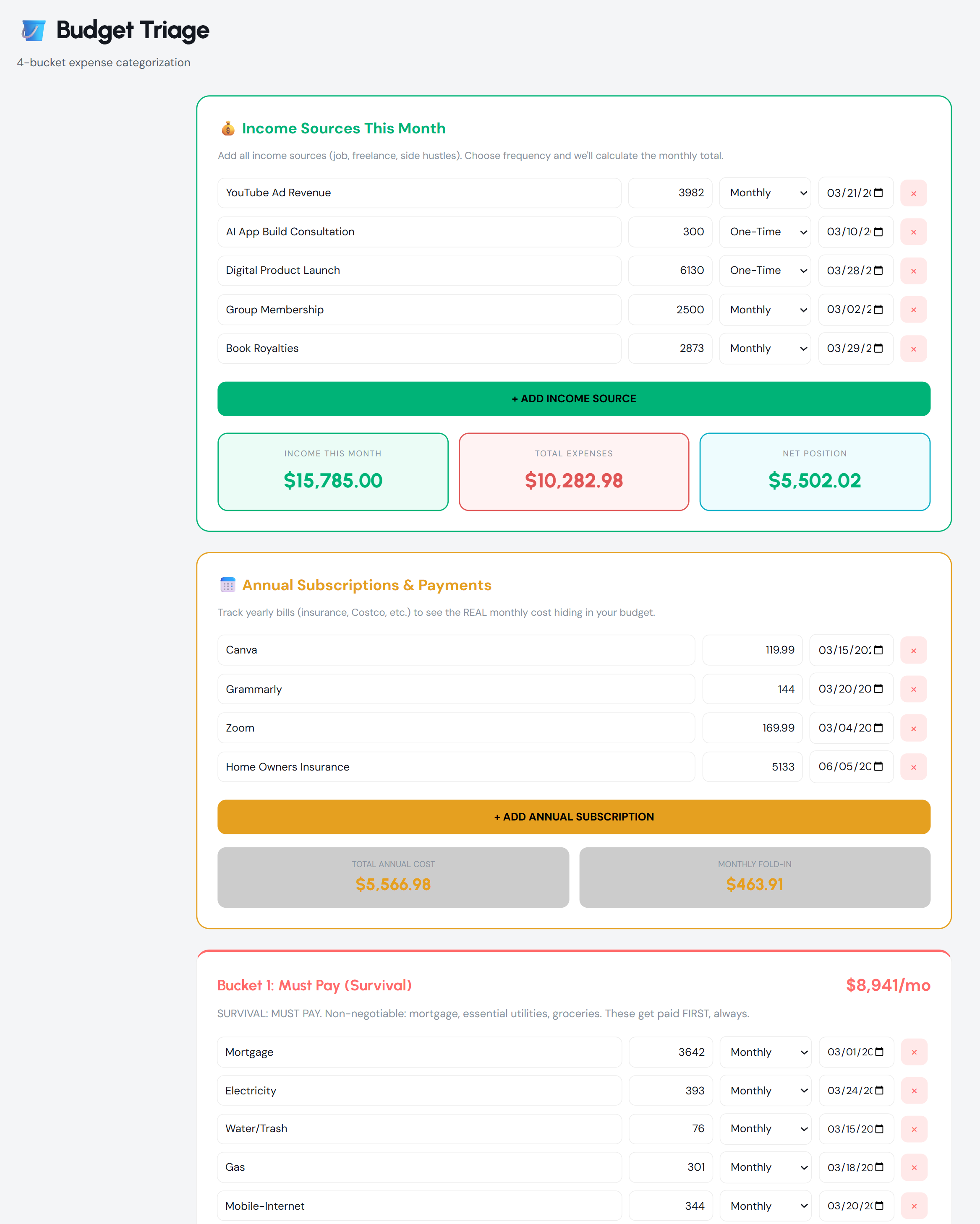 Budget Triage tool in light mode