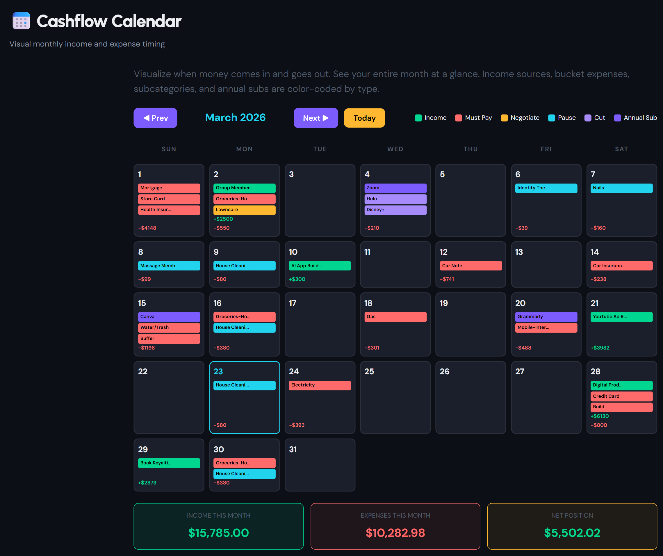 Cashflow Calendar in dark mode