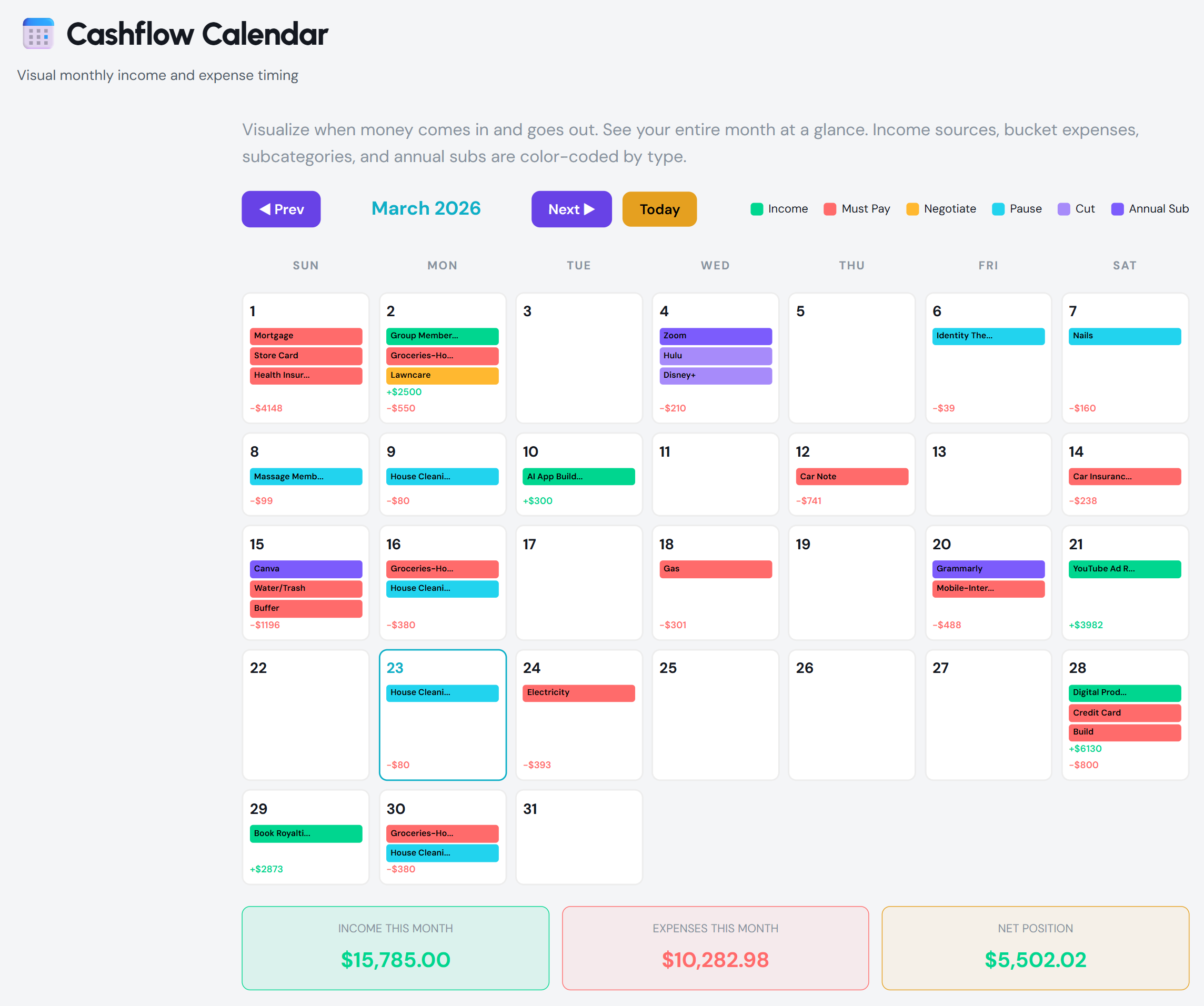 Cashflow Calendar in light mode