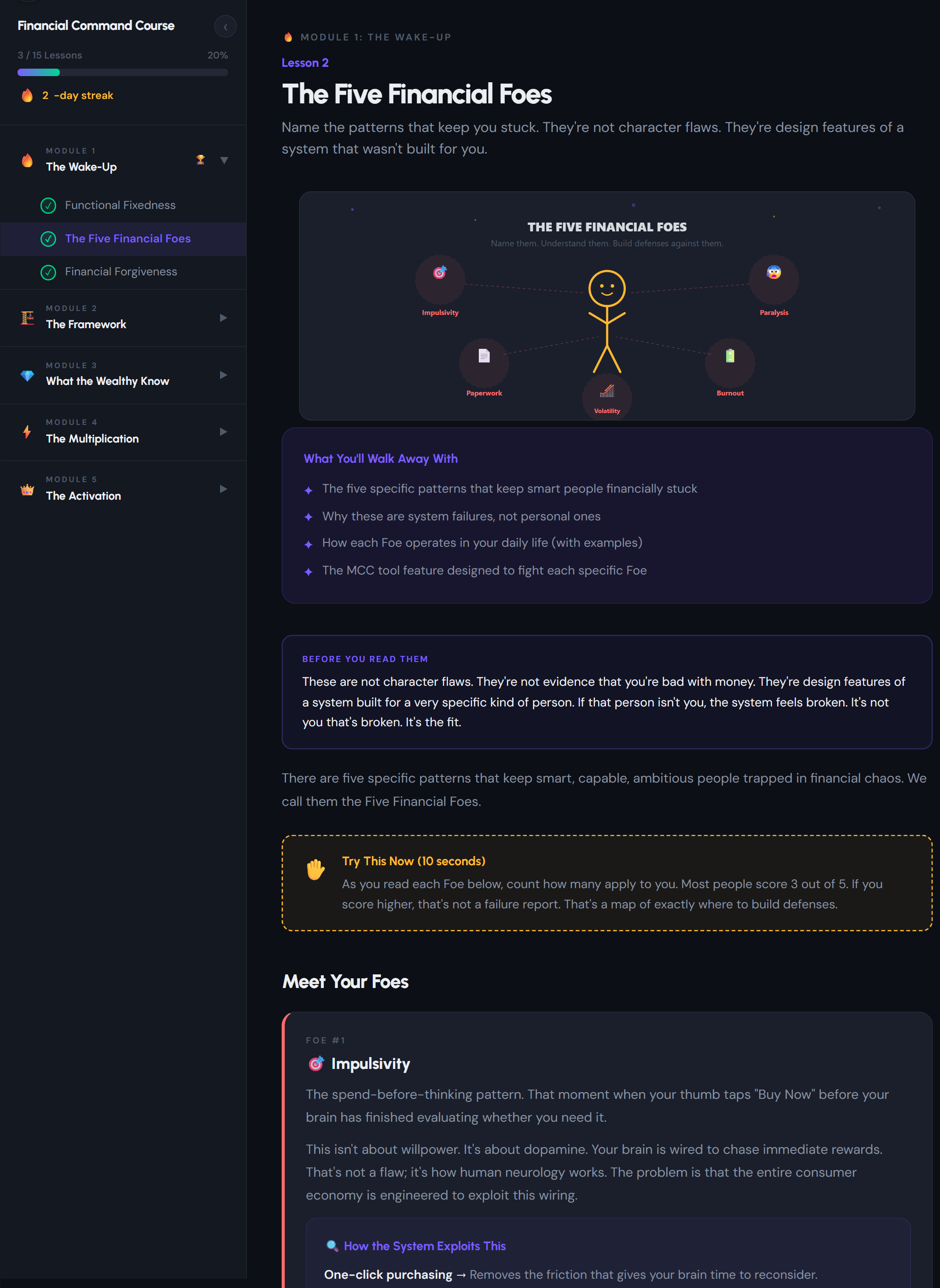 Financial Command Course in dark mode