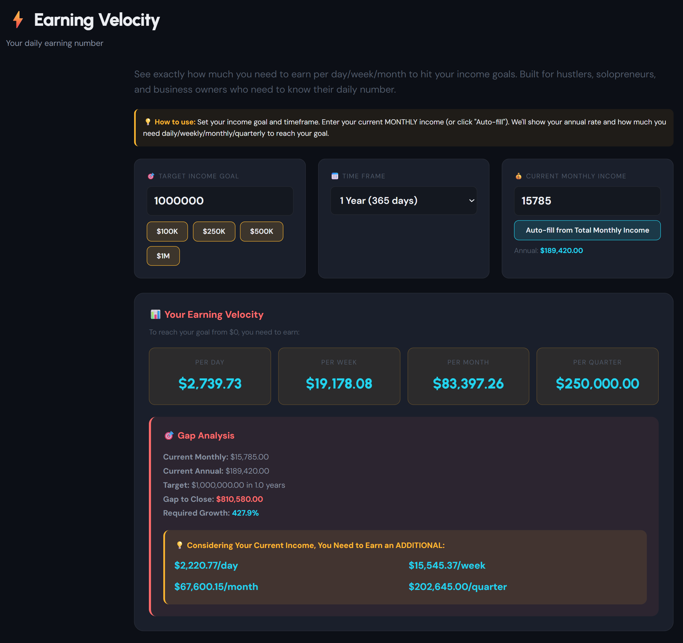 Earning Velocity tool in dark mode